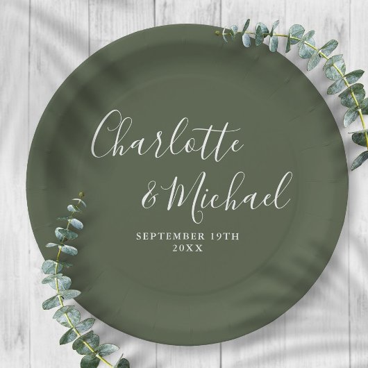 Elegante Signature Script Olive Green Wedding Pappteller
