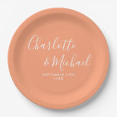 Elegante Signature Script Peach Hochzeit Pappteller (Vorderseite)