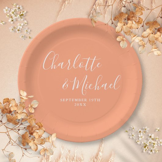 Elegante Signature Script Peach Hochzeit Pappteller