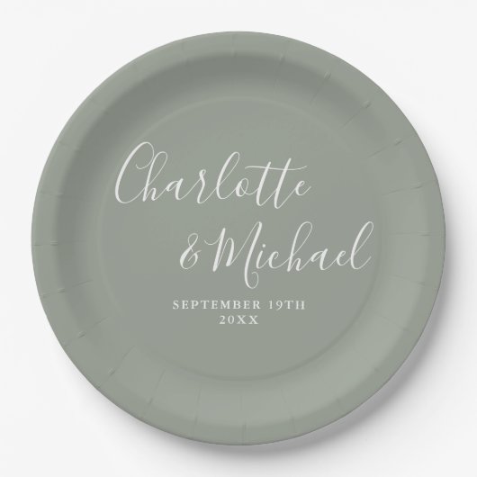 Elegante Signature Script Sage Green Wedding Pappteller (Vorderseite)