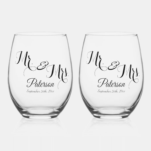 Elegante Signature Script Wedding Monogram Brillen Weinglas Ohne Stiel (Vorderseite)