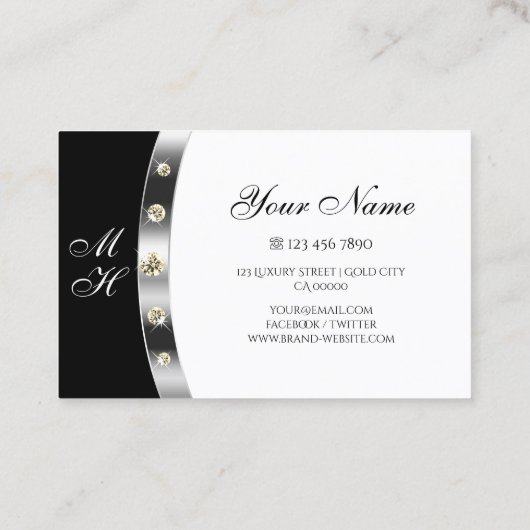 Elegante Silber Black and White Monogram Diamonds Visitenkarte (Rückseite)