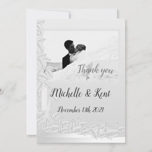 Elegante Silber-Blätter Hochzeit Danke Flachkarte Karte (Vorderseite)