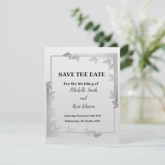 Elegante Silber-Blätter Save the Date flache Karte (Stehend Vorderseite)