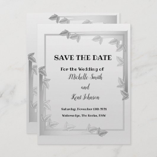 Elegante Silber-Blätter Save the Date flache Karte (Vorne/Hinten)