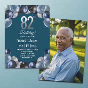 Elegante Silber-Blau-Glitter 82. Geburtstagsfoto Einladung
