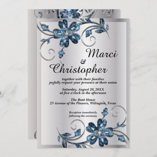 Elegante Silber-Blau-Hochzeitseinladung Einladung (Vorne/Hinten)