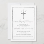 Elegante Silber-Cross-Monogramm-Bestätigung Einladung (Vorderseite)
