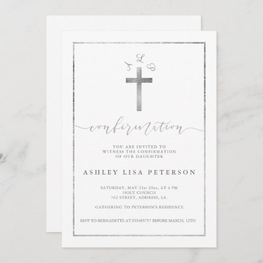 Elegante Silber-Cross-Monogramm-Bestätigung Einladung (Vorne/Hinten)