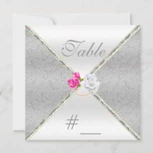 Elegante Silber-Damask und rosa Rosen-Tischnummer Einladung