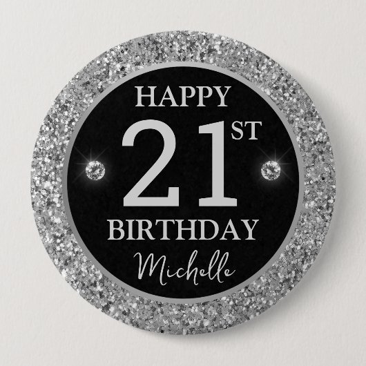 Elegante Silber Glitter Diamanten Geburtstag Button (Vorderseite)