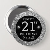 Elegante Silber Glitter Diamanten Geburtstag Button (Vorne & Hinten)