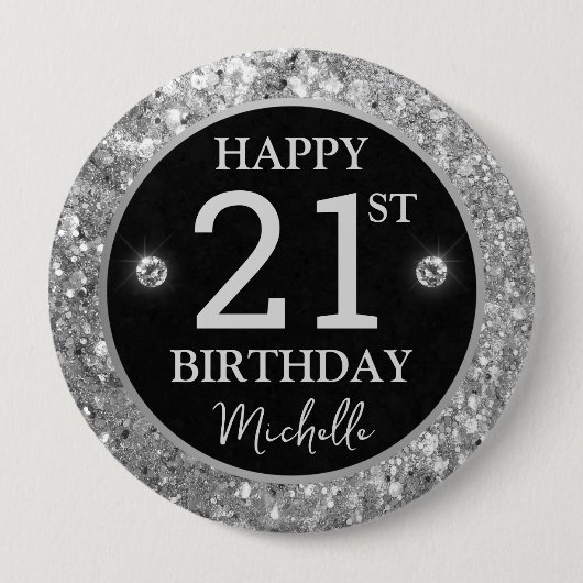Elegante Silber Glitter Diamanten Geburtstag Button (Vorderseite)