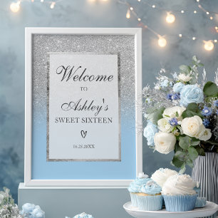 Elegante Silber-Glitter-Ombre-Blau Sweet 16 Willko Poster