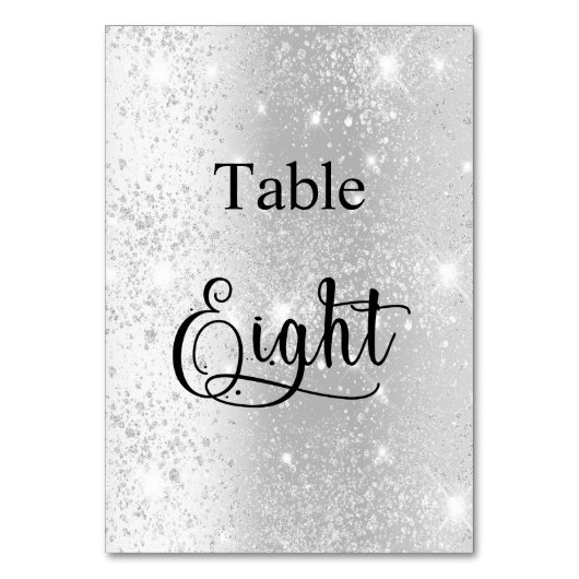 Elegante Silber-Glitzer-Kalligrafiestabelle 8 8 Tischnummer (Rückseite)