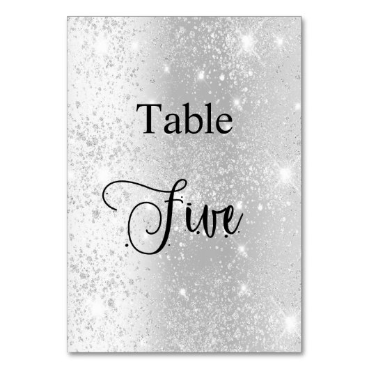 Elegante Silber-Glitzer-Kalligrafiestabelle fünf 5 Tischnummer (Rückseite)