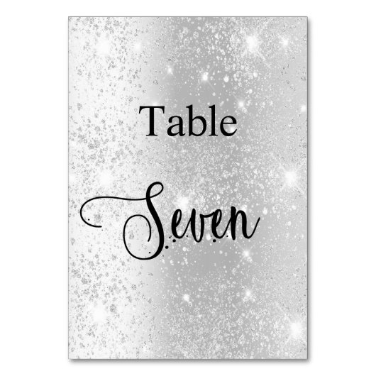 Elegante Silber-Glitzer-Kalligrafiestabelle sieben Tischnummer (Vorderseite)