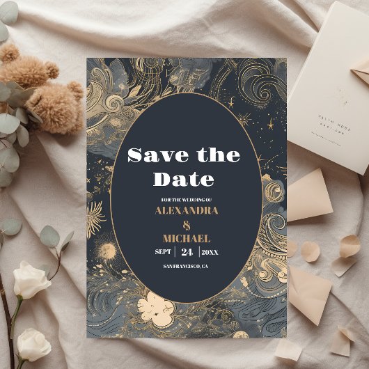 Elegante Silber-Gold-Himmelhochzeit Save The Date