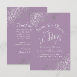 Elegante Silber-Grau-Spitze-Lavendel-Hochzeit Save The Date