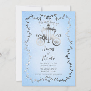 Elegante Silber-Kutsche Blaue Storybook-Hochzeit Einladung