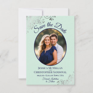 Elegante Silber-Münze und marineblaue ovale Foto-H Save The Date