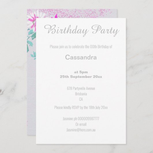 ELEGANTE SILBER PINK AQUA UND WEISSE BLUME EINLADUNG (Vorne/Hinten)