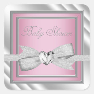 Elegante Silber-Rosa-Baby-Shower-Aufkleber Quadratischer Aufkleber