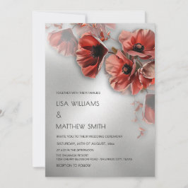 Elegante Silber-Rote Blumen | Foto-Hochzeit Einladung