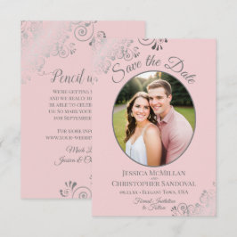 Elegante Silber-Schnürsenkel und Foto auf Rosa Blu Save The Date