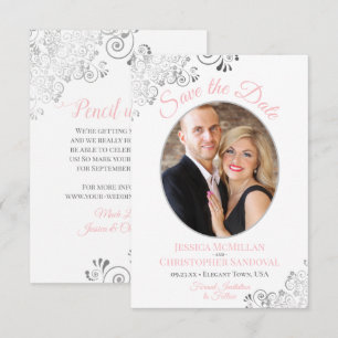 Elegante Silber-Spitze Foto Rosa Grau Weiße Hochze Save The Date