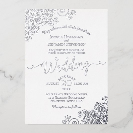 Elegante Silber-Spitzen auf klassischer weißer Hoc Folieneinladung (Vorderseite)