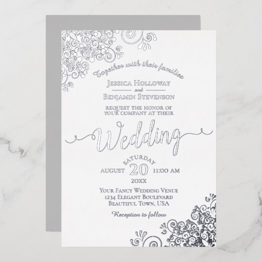 Elegante Silber-Spitzen auf klassischer weißer Hoc Folieneinladung (Vorderseite/Rückseite)