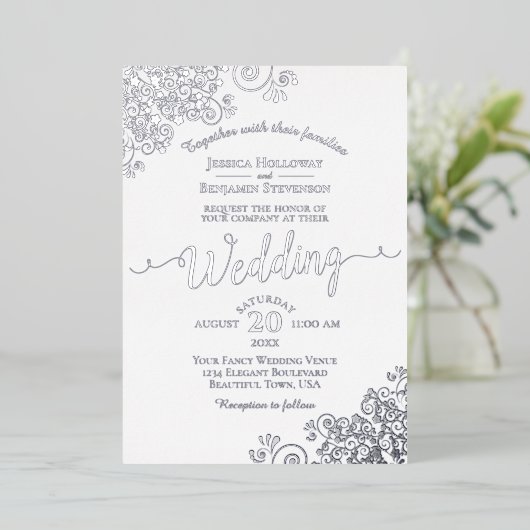 Elegante Silber-Spitzen auf klassischer weißer Hoc Folieneinladung (Stehend vorne)