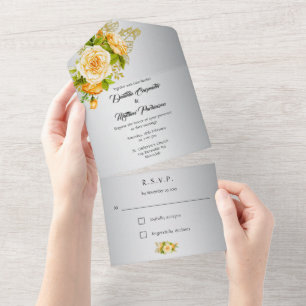 Elegante Silber- und gelbe Rosen Hochzeit  All In One Einladung