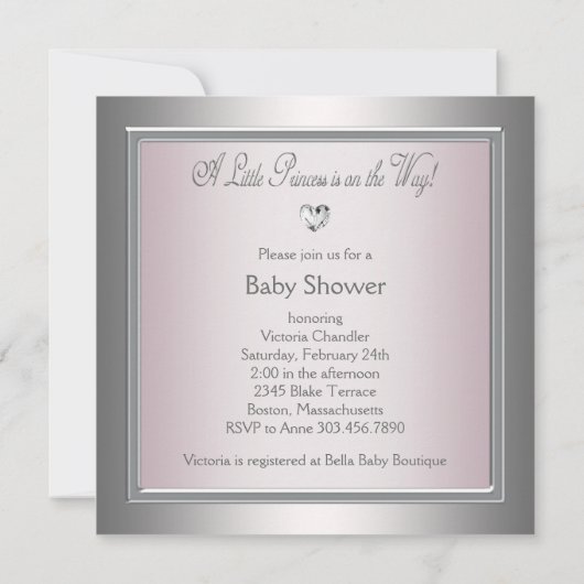 Elegante Silber und Pink Baby Girl Dusche Einladung (Rückseite)