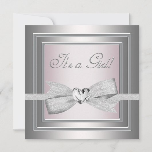 Elegante Silber und Pink Baby Girl Dusche Einladung (Vorderseite)