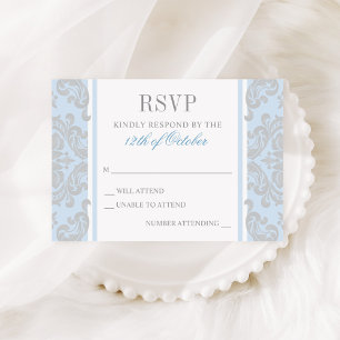 Elegante silberblaue Damast-Taufe für Babyjungen RSVP Karte