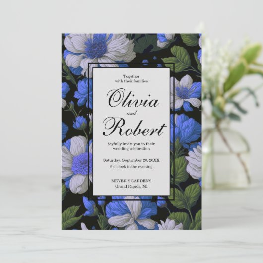 Elegante silberblaue, elegante Retrofloralen Einladung (Stehend Vorderseite)