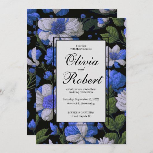 Elegante silberblaue, elegante Retrofloralen Einladung (Vorne/Hinten)