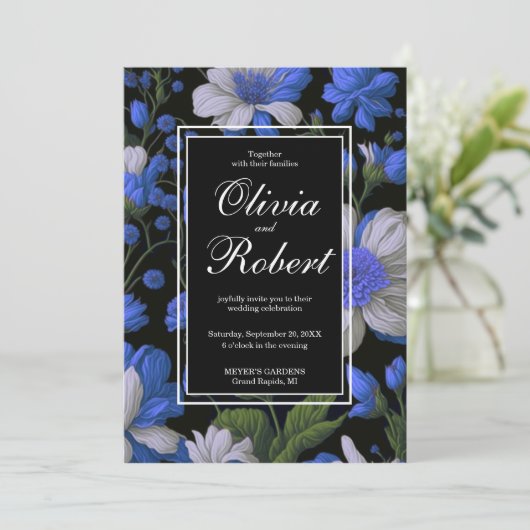 Elegante silberblaue, elegante Retrofloralen Einladung (Stehend Vorderseite)