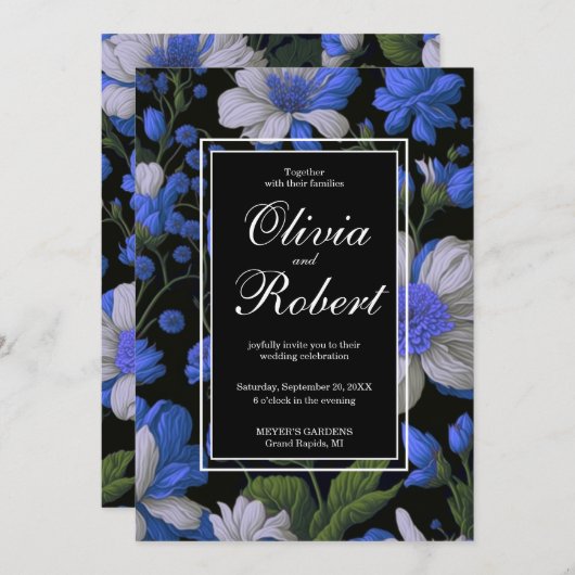 Elegante silberblaue, elegante Retrofloralen Einladung (Vorne/Hinten)