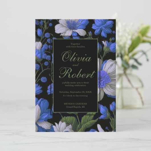 Elegante silberblaue, elegante Retrofloralen Einladung (Stehend Vorderseite)