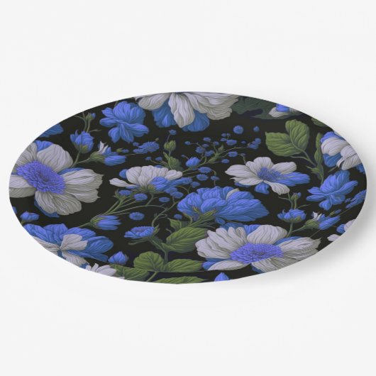 Elegante silberblaue, elegante Retrofloralen Pappteller (Schrägansicht)