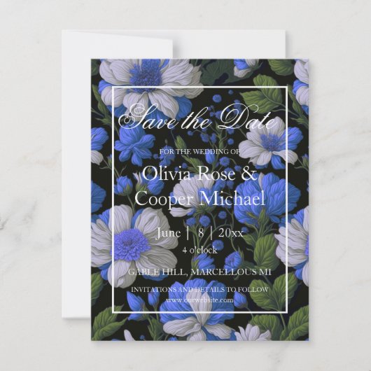 Elegante silberblaue, elegante Retrofloralen Save The Date (Vorderseite)