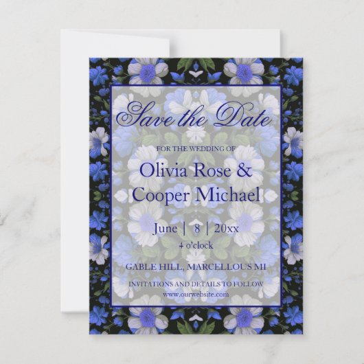 Elegante silberblaue, elegante Retrofloralen Save The Date (Vorderseite)