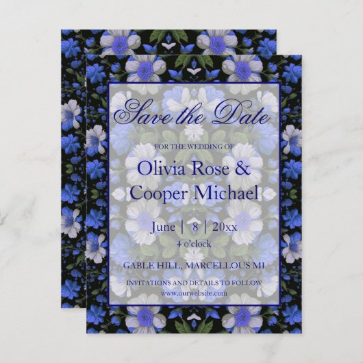 Elegante silberblaue, elegante Retrofloralen Save The Date (Vorne/Hinten)