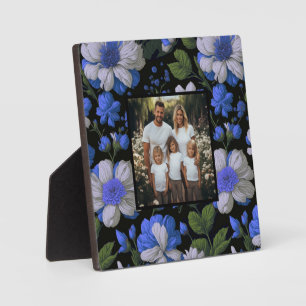 Elegante silberblaue weiße elegante Retro-Blumen Fotoplatte
