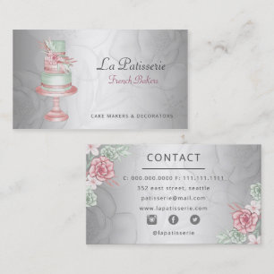 Elegante Silberblush Blues Hochzeitskuchenmacher Visitenkarte