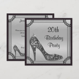 Elegante silbergerahmte schwarze Stiletto 20. Gebu Einladung