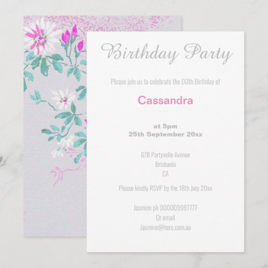 ELEGANTE SILBERHALTUNG AQUA UND WEISSE BLUME EINLADUNG (Vorne/Hinten)